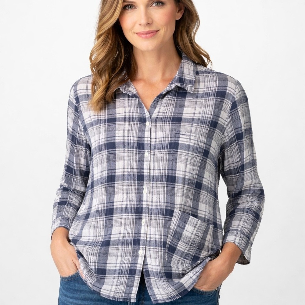 Habitat Plaid Button Up Shirt Women S Blue Crinkle Relaxed Pocket Cotton Stretch
